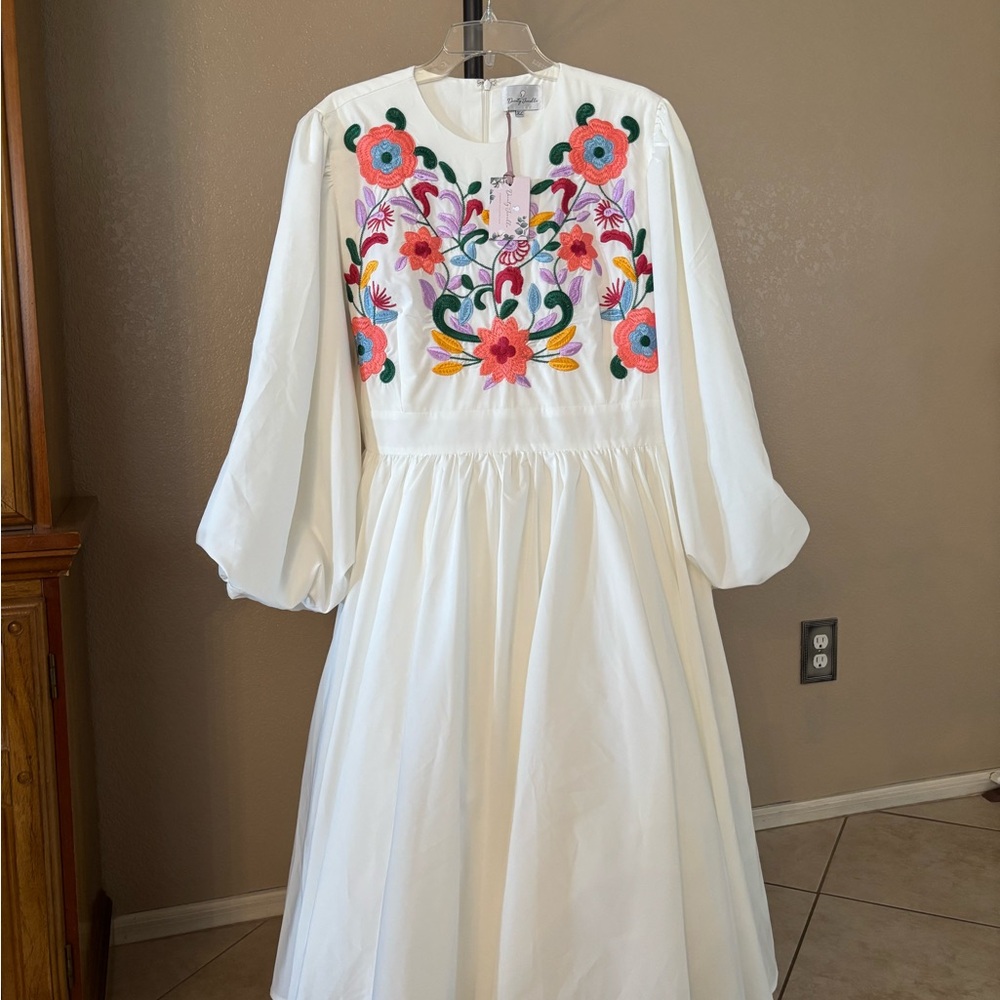 Dainty Jewells White Dress with Colorful Embroidery
